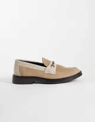 NOAK made In Portugal penny loafers with branded snaffle in stone suede