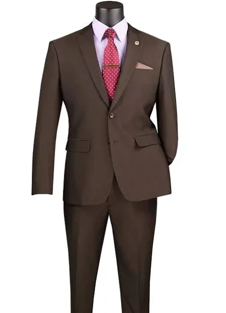 Men's Slim Fit 2 Piece Suit Single Breasted 2 Button Design Brown 38 Long - 32 Waist / Brown
