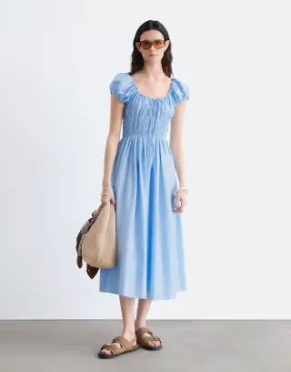 & Other Stories pure cotton effect short sleeve scoop neck midi dress in blue