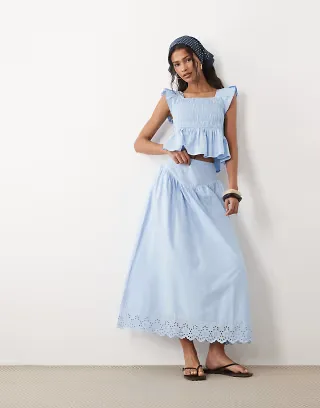 Wednesdays Girl poplin ruffle edged midaxi skirt in pale blue - part of a set