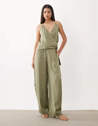 SNDYS satin balloon leg pants in olive - part of a set