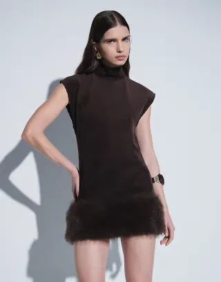 ASOS DESIGN fur hem mini shift dress in cord in chocolate