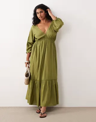 Esmée Curve long sleeve maxi beach dress in olive
