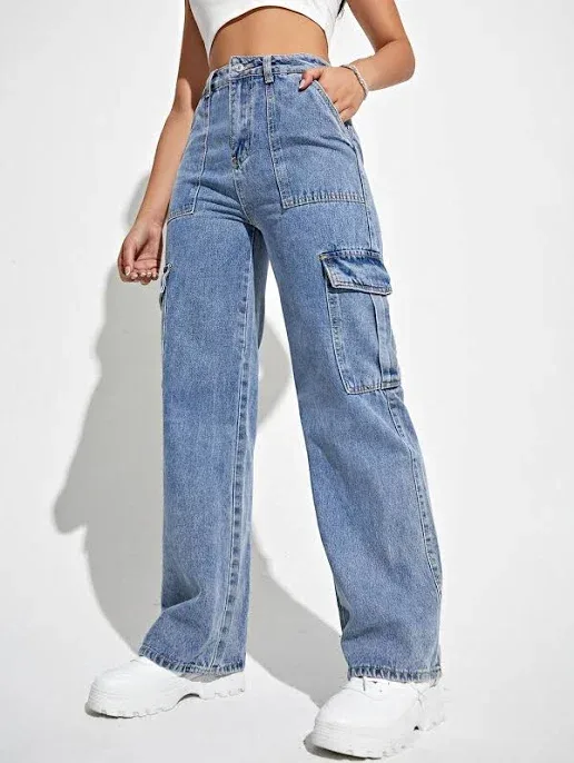 SHEIN High Waist Flap Pocket Cargo Jeans Women's Y2k