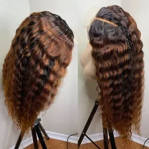 Brand 250 Density Brazilian Ombre Brown Deep Wave Human Hair Wigs - 13x4 HD Lace Frontal Curly Wigs for Women - Wear and