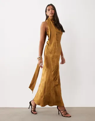 Pretty Lavish satin jacquard bias drape scarf detail maxi dress in gold floral