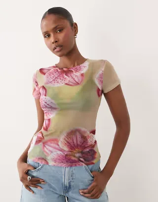 ASOS DESIGN sheer mesh baby tee in green floral