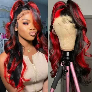 Go Glueless Brazilian Human Hair Wigs - 13x4 & 13x6 HD Transparent Lace Frontal - Black Red Highlight Body Wave, 40-44 I