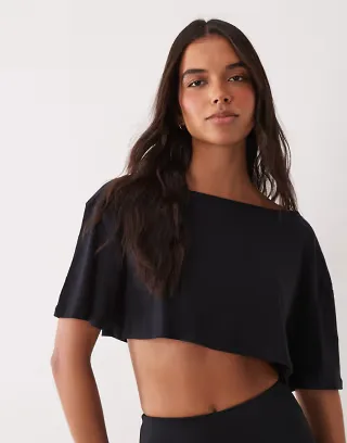 4505 quick dry cotton slub texture off the shoulder crop t-shirt in black