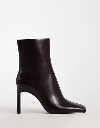 Mango faux leather square toe heeled ankle boot in burgundy