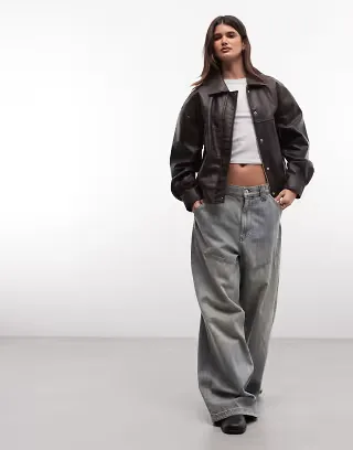 Noisy May faux leather bomber jacket in chocolate