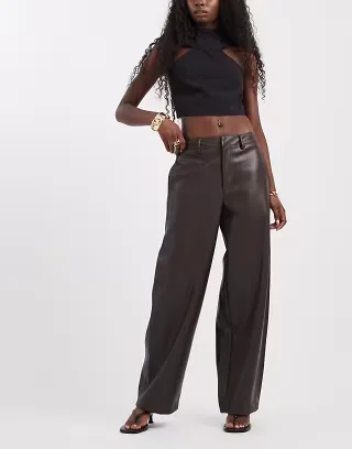 ONLY faux leather barrel pants in chocolate brown