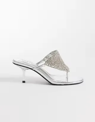 Public Desire Mima kitten heel sandals with rhinestone embellishment in silver