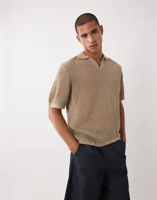 ASOS DESIGN oversized knit short sleeve notch neck polo in beige