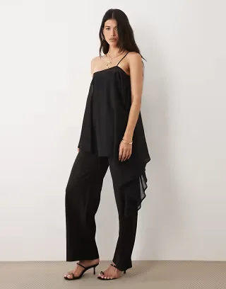 Kaiia exclusive one shoulder chiffon asymmetric drape top and pants set in black