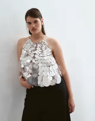 ARRANGE Curve mirror disc sequin trapeze halter top in silver