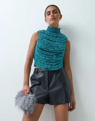 ASOS LUXE high neck beaded top in deep green