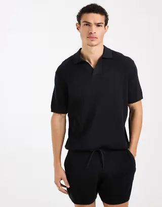 ASOS DESIGN relaxed knit airtex notch neck polo shirt in black