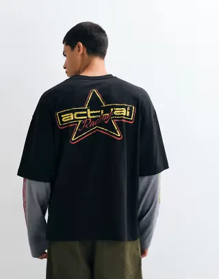 ASOS DESIGN oversized double layer washed t-shirt with graphic in black
