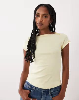 ASOS DESIGN boat neck baby T-shirt with curved hem and scalloped trim top in yellow