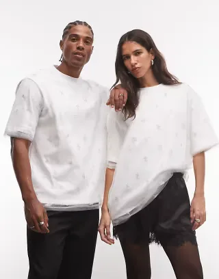 Sister Jane Unisex embellished demi tulle oversized t-shirt in white