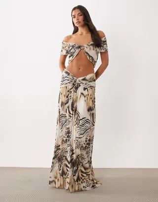 ASOS DESIGN printed mesh maxi skirt & ruched top set in animal print