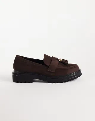 SEQWL Wide Fit Jeep faux suede chunky tassel loafers in chocolate brown