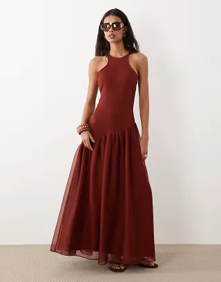 ASOS DESIGN racer back maxi dress with asymmetrical waist detail in dark rust