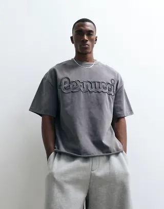 Cernucci 100% cotton boxy oversized fit T-shirt with embroidered logo in washed gray