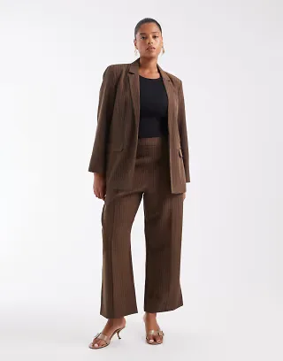 Pieces Curve tailored pants set in chocolate pinstripe