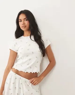 ASOS DESIGN mix & match pointelle pajama baby tee in pink rosebud print