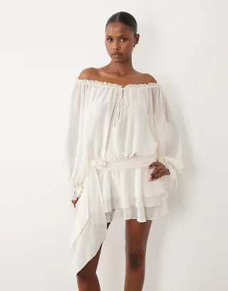 Oh Polly tie detail long sleeve mini dress in ivory