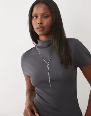 Kaiia exclusive 90s fine knit high neck cap sleeve top in charcoal - part of a set