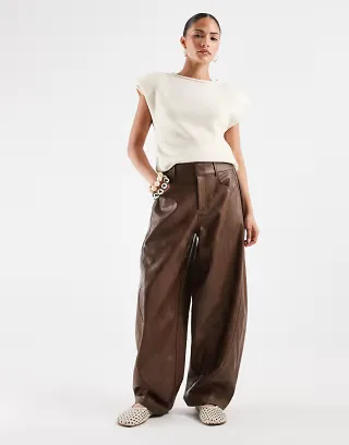 ASOS DESIGN Petite Tailored faux leather barrel pants in light brown