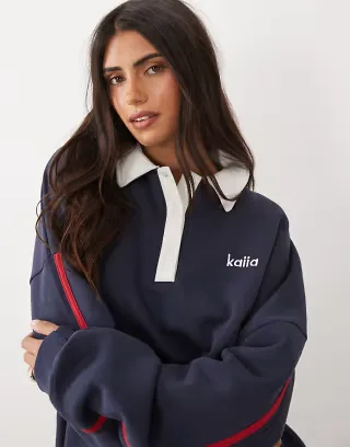 Kaiia cotton rich embroidered logo detail collared side stripe rugby sweatshirt in navy and red - part of a set