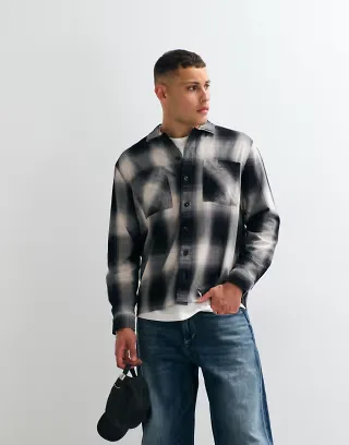 ASOS DESIGN plaid overshirt with double chest pockets in black