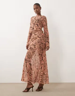 ASOS DESIGN sheer maxi skirt in coral and brown abstract - part of a set
