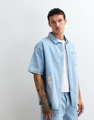 Liquor N Poker denim shirt with japanese blossom print embroidery in light wash blue - part of a set