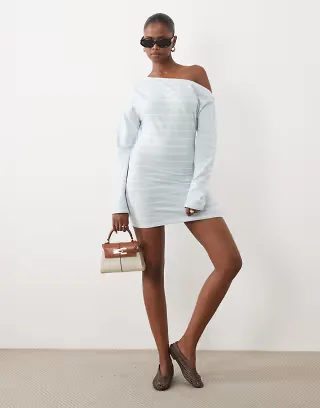 The Frolic exclusive off the shoulder t-shirt mini dress in blue stripes