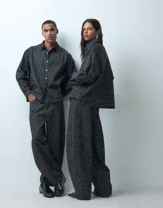 Sister Jane Unisex embellished denim shirt set in charcoal gray