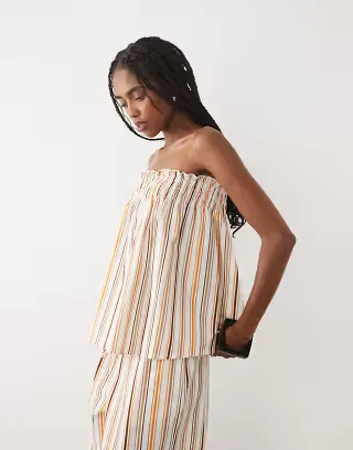 ASOS DESIGN linen blend trapeze bandeau cami top in cream stripe
