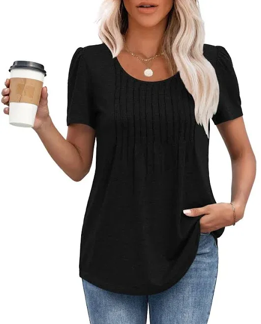 MOLERANI T Shirts for Women UK Round Neck Loose Casual Puff Short Sleeve Summer Tee Tops Front Pleated T Shirt
