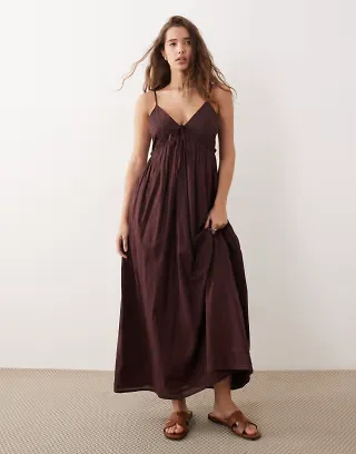 Miss Selfridge embroidered detail cami maxi dress in chocolate