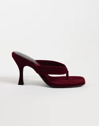 ASOS DESIGN Huddle padded toe thong heeled sandals in berry velvet