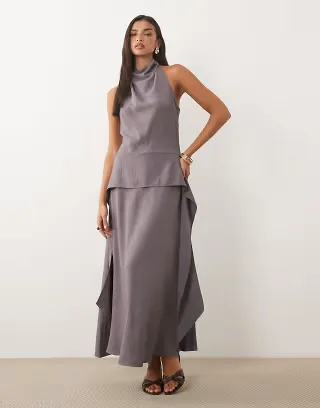 ASOS DESIGN cowl neck double layered maxi dress in charcoal