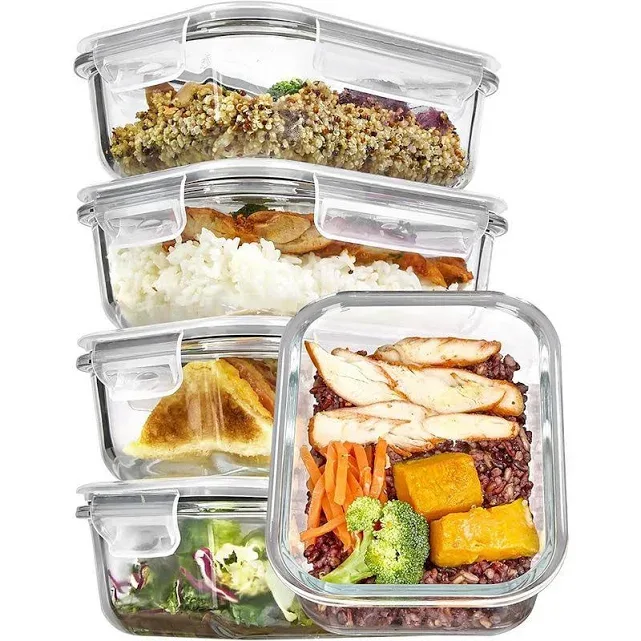 5-Pack 22oz Glass Food Storage Containers with Airtight Lids, Grey, Small