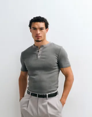 ASOS DESIGN muscle fit T-shirt with henley neck in charcoal rib