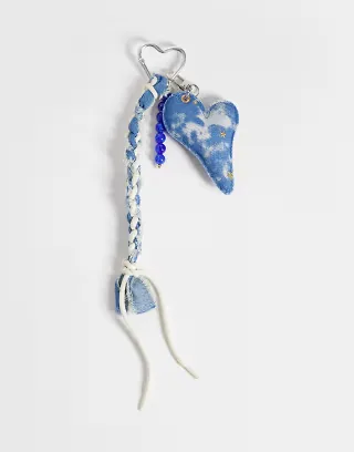 PIECES tie dye denim bag charm in blue and white