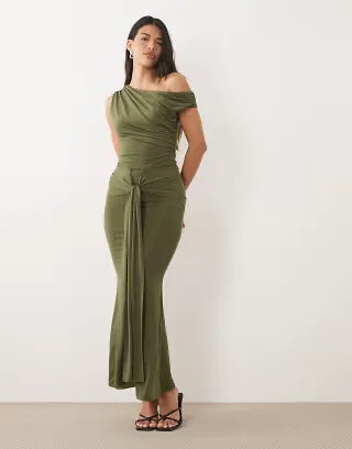 TFNC slinky draped one-shoulder maxi dress in olive