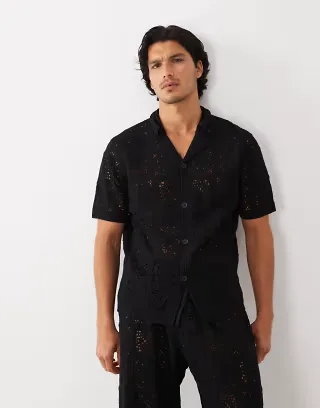 ASOS DESIGN relaxed short sleeve knitted crochet button through revere shirt in black